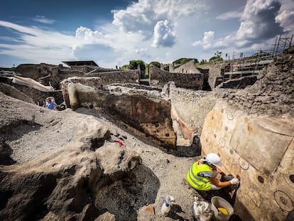 Un arqueólogo trabaja en un mural descubierto durante los trabajos de excavación en Pompeya (Italia). 
