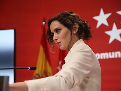 La presidenta de la Comunidad de Madrid, Isabel Díaz Ayuso, en la rueda de prensa del jueves 17 de febrero.