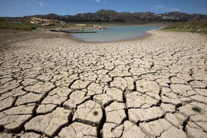 Vista del estado del pantano y embalse de La Viñuela el 10 de mayo, afectado por la grave sequía. Mientras el embalse del que bebe la Axarquía malagueña se muere, una investigación del Seprona ha destapado el uso masivo e irregular de agua en los cultivos tropicales de aguacate y mango.