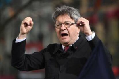 Jean-Luc Mélenchon, durante un mítin, este sábado en París.