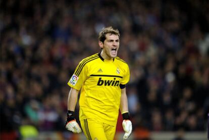 Real Madrid captain Iker Casillas voices his disapproval during the Camp Nou clash.