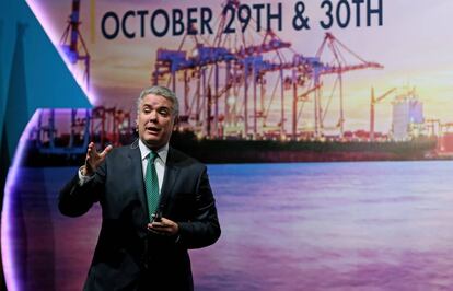 El presidente colombiano, Iván Duque, el lunes en un foro de inversión internacional.