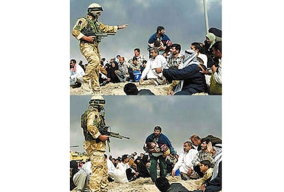 Esta imagen publicada en varios medios muestra a un soldado brit&aacute;nico durante la guerra de Irak, en 2003, junto a un grupo de civiles y un hombre con un ni&ntilde;o en brazos. Lo que hizo el fot&oacute;grafo Brian Walski, de Los Angeles Times, fue combinar dos instant&aacute;neas para dotar a la escena de m&aacute;s dramatismo. Walski que era un veterano corresponsal de guerra y con varios premios a sus espaldas, que incluia el de fot&oacute;grafo del a&ntilde;o, fue inmediatamente despedido.