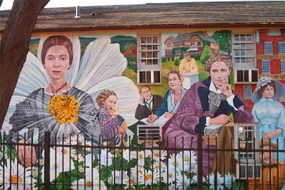 Emily Dickinson, en el Mural de la Historia de la Comunidad de Amherst, que pintó  David Fichter en el Cementerio Oeste.