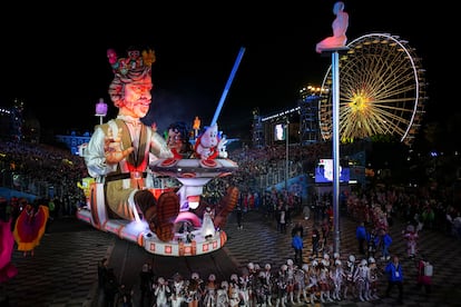 A carnival float depicting a king parades through Place Massena during the opening ceremony of 151st edition of the Nice Carnival in Nice, southern France, Saturday, Feb. 17, 2024.