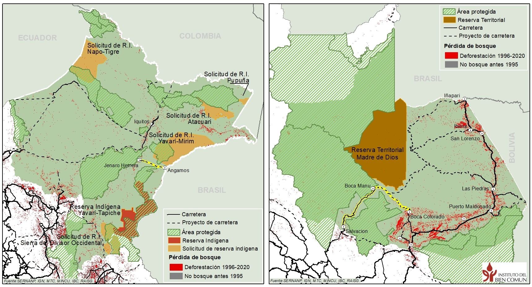 Figure 1. In the Peruvian region of Loreto, a road project between Genaro Herrera and the border colony of Angamos threatening the Yavarí-Mirim reserve for isolated indigenous groups is already well advanced. The resistance of the Matsé to this same type of road resulted in air force bombing raids in the 1960s.Figure 2: In the Madre de Dios region, a road opened during the Covid-19 pandemic passes within half an hour’s walk of one of the guard posts that protect isolated indigenous people. Around this road, human and drug trafficking is proliferating.