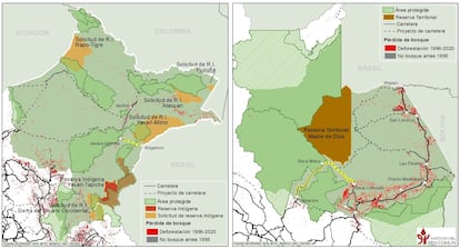 Gráfico 1: En la región de peruana de Loreto, un proyecto de carretera entre Genaro Herrera y la fronteriza colonia Angamos amenaza la reserva Yavarí-Mirim para grupos indígenas aislados, que está en trámites muy avanzados para su creación. La resistencia de los matsés a este mismo tipo de vía les valió bombardeos de la fuerza aérea en la década de los sesenta.

Gráfico 2: En la región de Madre de Dios, una carretera inaugurada durante la pandemia de la covid-19 pasa a media hora andando de uno de los puestos de vigilancia para la protección de indígenas aislados. Alrededor de esta vía, está proliferando el tráfico de personas y de drogas.