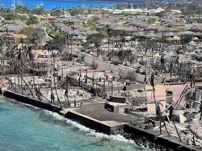 The shells of burned houses and buildings are left after wildfires driven by high winds burned across most of the town in Lahaina, Maui, Hawaii, on August 11, 2023.