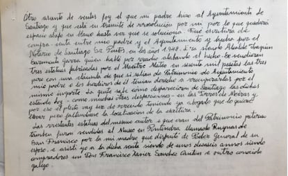 Nota manuscrita en la que el conde de Ximonde se refiere a la intención de recuperar las figuras del Maestro Mateo trasladadas al Pazo de Meirás.
