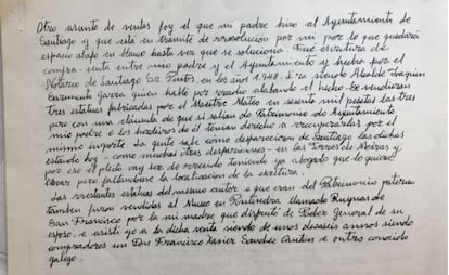 Nota manuscrita en la que el conde de Ximonde se refiere a la intención de recuperar las figuras del Maestro Mateo trasladadas al Pazo de Meirás. 