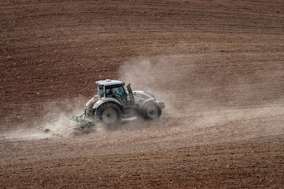 Un tractor ara la tierra en Sacedón (Guadalajara).