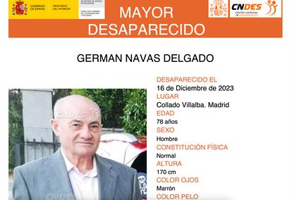 Cartel de búsqueda de Germán Navas, de 78 años, desaparecido en Collado Villalba, Madrid.