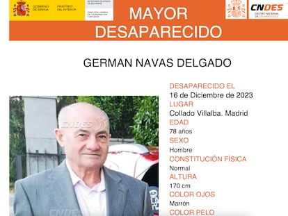 Cartel de búsqueda de Germán Navas, de 78 años, desaparecido en Collado Villalba, Madrid.