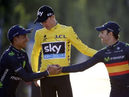 Nairo Quintana (I), Chris Froome y Alejandro Valverde, en el podio del Tour