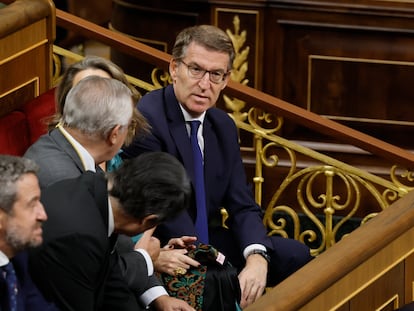 El presidente del PP, Alberto Núñez Feijóo, en el hemiciclo durante la jura de la princesa Leonor, este martes en el Congreso.