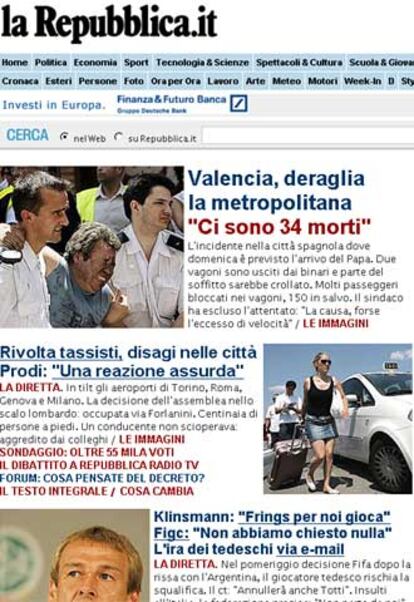 La Repubblica abre su página web con el cadente ocurrido en Valencia. También con una fotografía, el periódico italiano hace referencia a la visita que tiene prevista hacer el Papa a la ciudad mediterránea.