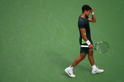 Carlos Alcaraz, of Spain reacts after a losing point to Tommy Paul of the United States during their third round match of the Western & Southern Open tennis tournament at Lindner Family Tennis Center.