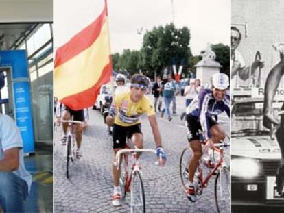 De izquierda a derecha: Arroyo y Delgado; Delgado en los Campos Elíseos tras ganar el Tour de 1988, y Arroyo coronando la meta del Puy de Dôme en 1983.
/ c. a. / efe
