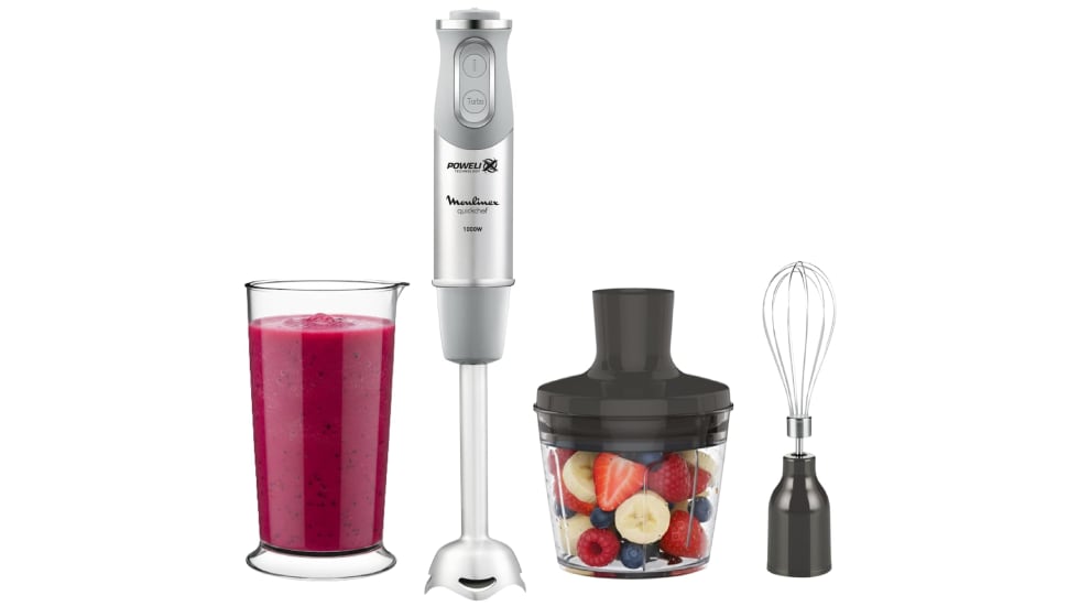 Batidora de mano Moulinex con varios accesorios.