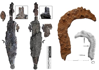 'Pugio' y gancho de poda hallados en el campamento romano de Llagüezos.