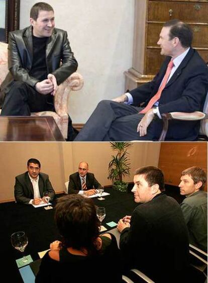 Arnaldo Otegi e Ibarretxe, en la entrevista que celebraron el 19 de abril de 2006. Abajo, la reunión de Patxi López y Ares con tres dirigentes de Batasuna en San Sebastián, el 6 de julio siguiente.