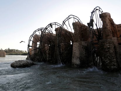 Un joven salta en el río Éufrates, cerca de las norias, en Hit (Irak).