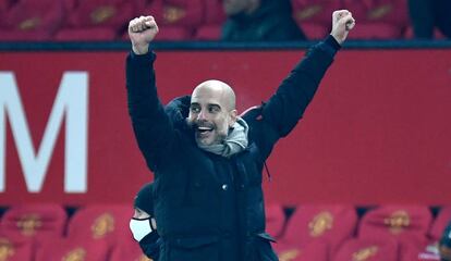 Guardiola celebra un gol al camp del United, aquest mes de gener.