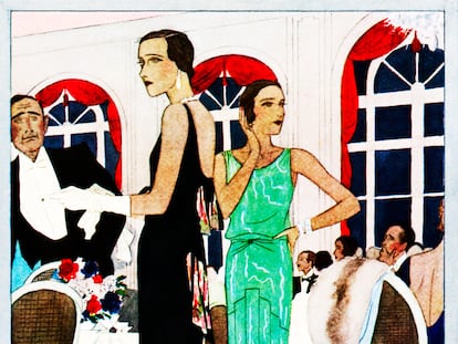 'La cena en el casino', ilustración de una revista de moda francesa de los años treinta. Vestidos de noche de Philippe et Gaston.
