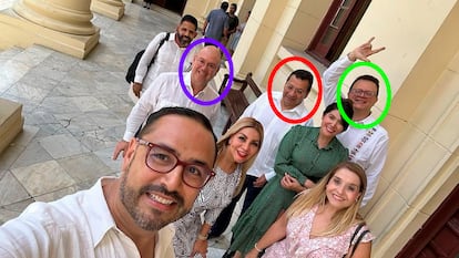 En el círculo morado, Salvador Nava, abogado de Sheinbaum; en el rojo, el magistrado Felipe Fuentes; y en el verde, el magistrado Felipe de la Mata, durante un viaje oficial a La Habana, en octubre de 2023, en una imagen compartida en redes sociales.