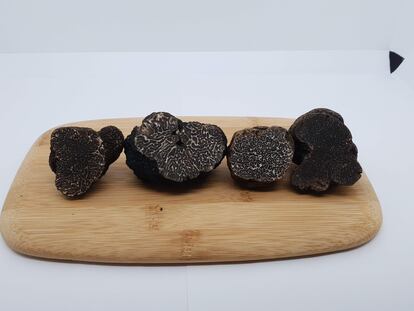 Cuatro trufas, de izquierda a dercha, 'Tuber melanosporum', 'brumale', 'indicum' e 'himalayensis'6. Imagen proporcionada por Trufas Alonso.