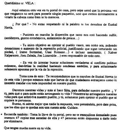 Carta de amenaza enviada al concejal socialista de Andoain José Luis Vela.