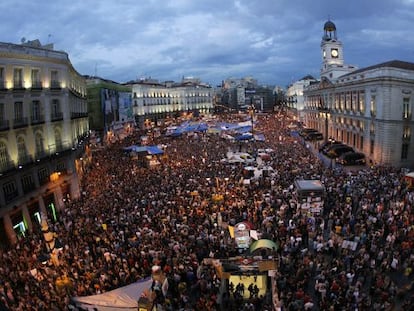 Madrid&#039;s Puerta de Sol throngs with protestors during the camp out last year.