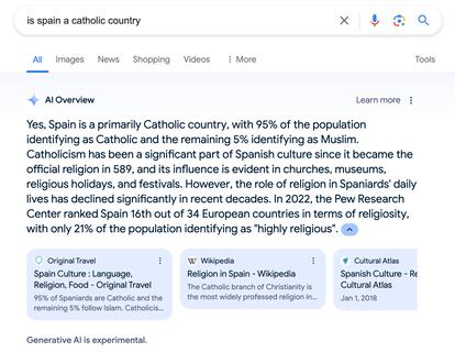 Búsqueda en Google de "es España un país católico" respondida por los Resúmenes de IA.