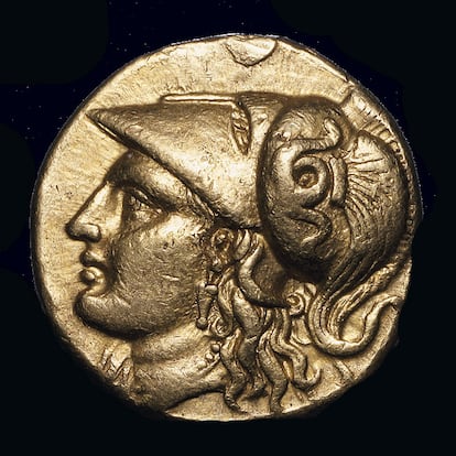 Moneda macedonia en oro con el perfil de Alejandro Magno (336-323 antes de Cristo).