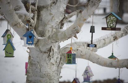 Un árbol decorado con casas para pájaros con los nombres de las víctimas de Newtown.