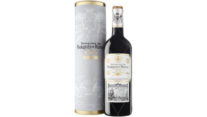 Botella de vino tinto de Marqués de Riscal Reserva, de la D.O. Rioja. Presentada en un elegante estuche regalo metálico.