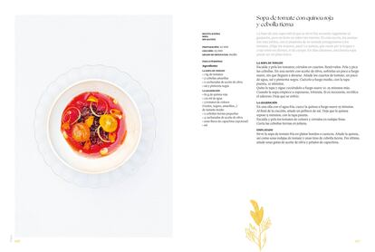 Interior de 'Cereales', de Manon Fleury. Las recetas de una chef comprometida (Editorial Cinco Tintas). En la imagen, sopa de tomate con quinoa roja y cebolla tierna. Imagen proporcionada por la editorial.