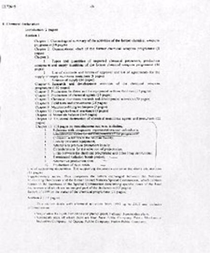 Imagen de la página cinco del sumario de la declaración sobre armas iraquí, entregado esta noche por la ONU.