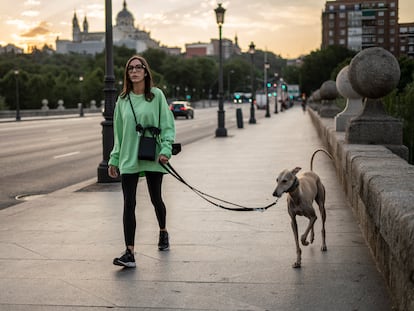 Una mujer pasea a su perro por el puente de Segovia, en Madrid.