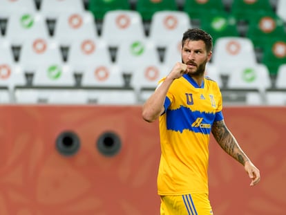 André-Pierre Gignac celebra un gol para los Tigres durante la semifinal del Mundial de Clubes contra Palmeiras.