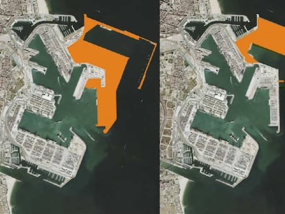 De izquierda a derecha, el proyecto del Puerto de Valencia de 2007 y el anteproyecto de 2018, diseñado por la Comissió Ciutat-Port.