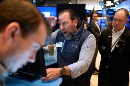 Traders on the floor at the New York Stock Exchange on April 3, 2025.
