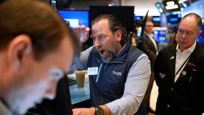 Traders on the floor at the New York Stock Exchange on April 3, 2025.