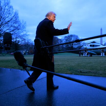 WASHINGTON, DC - JANUARY 31: U.S. President Donald Trump speaks briefly to the press as he departs the White House on January 31, 2025 in Washington, DC. Trump is traveling to his Mar-a-Lago Club in Palm Beach, Florida. (Photo by Chip Somodevilla/Getty Images)