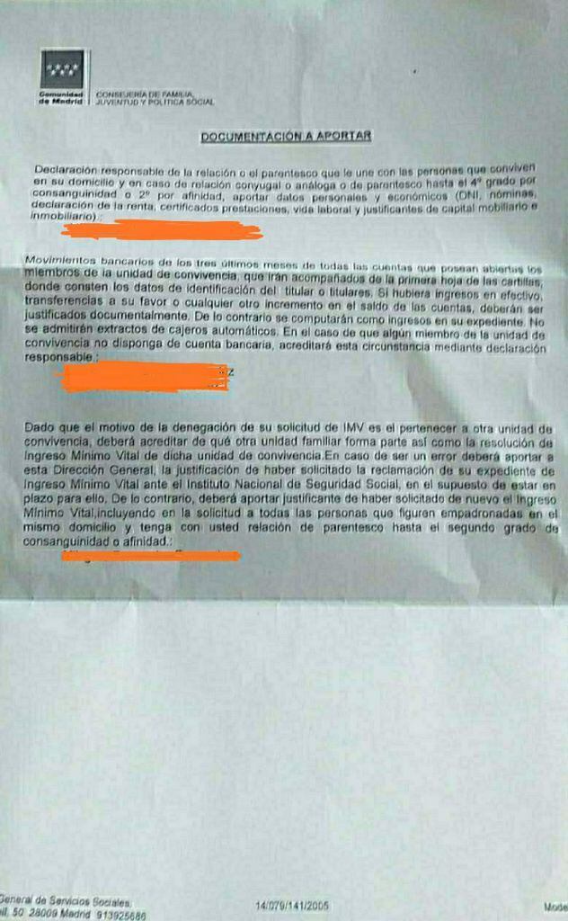 Carta enviada el 27 de julio por la Comunidad de Madrid a una familia beneficiaria de la RMI que ha solicitado el IMV siguiendo las instrucciones dadas. Fuente: Plataforma RMI Tu Derecho  