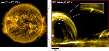 El recuadro rojo muestra un nano-jet en la corona solar captado por el satélite IRIS