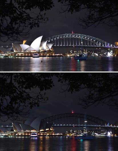 Este combo muestra que el Puente del Puerto de Sydney y la Casa de la Ópera antes y después de la Hora del Planeta.