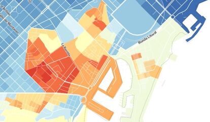 Renta por secciones censales en el distrito de Ciutat Vella de Barcelona y su entorno. En rojo, las secciones más pobres; en azul oscuro, las más ricas.  En la imagen se pueden observar varios puntos donde se produce un salto de rentas.