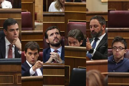 De izquierda a derecha: Pedro Sánchez, Albert Rivera, Pablo Casado, Pablo Iglesias, Santiago Abascal e Íñigo Errejón.