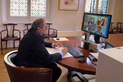 El presidente de la Generalitat, Quim Torra, en una videoconferencia